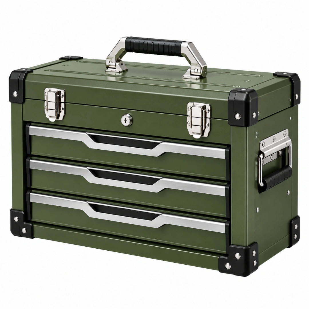 Caja de herramientas 45 x 25 x 30 cm de acero verde con 3 cajones portátil