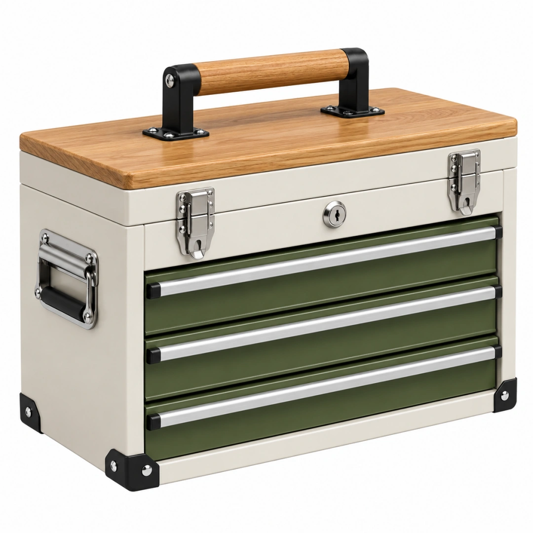 Caja de herramientas de acero 45 x 25 x 35 cm blanca y verde con cajones y tapa de madera portátil
