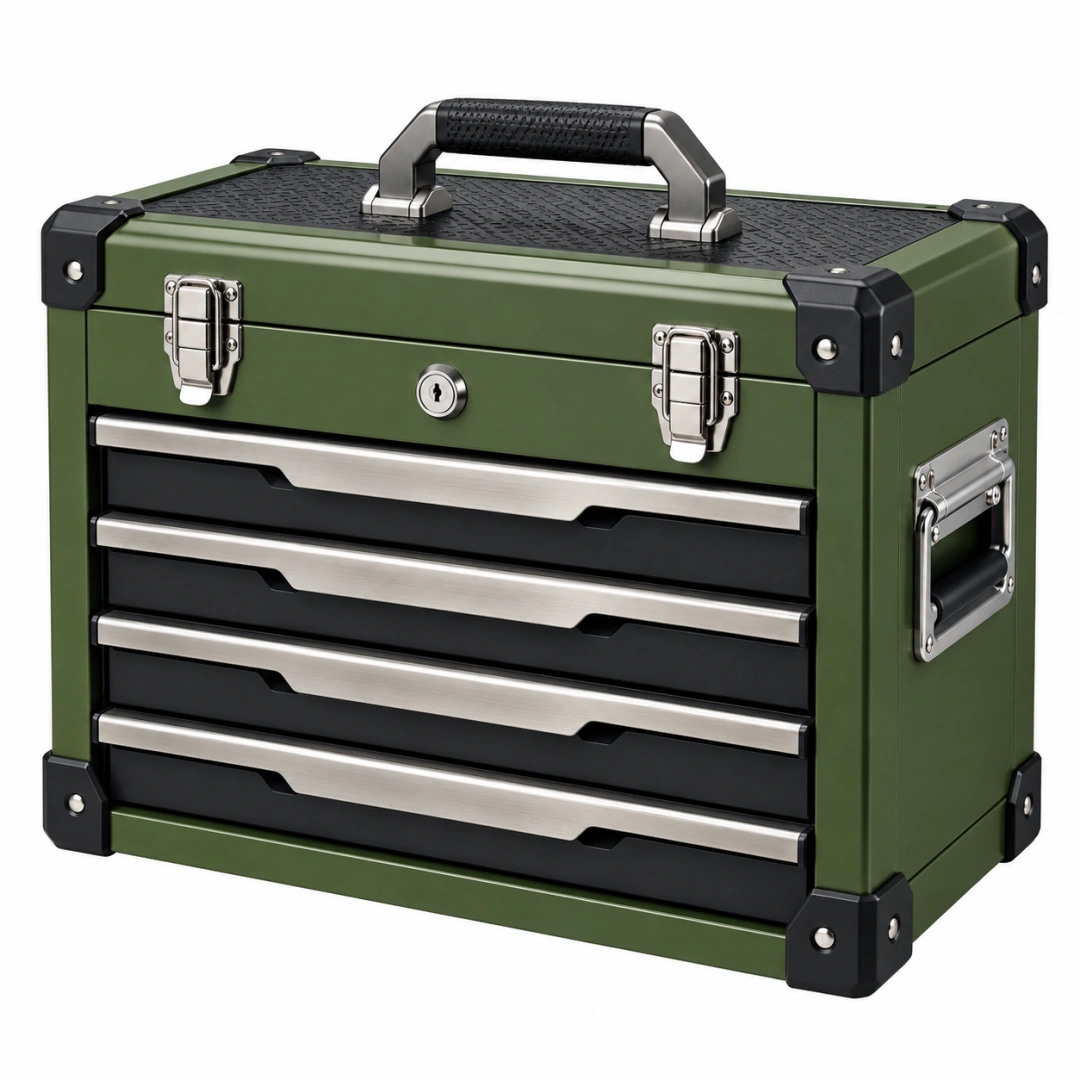 Caja de herramientas 50 x 25 x 35 cm de metal verde con 4 cajones y cerradura portátil