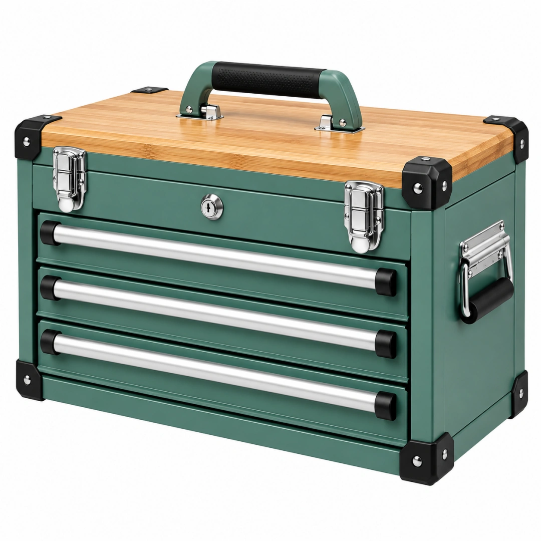 Caja de herramientas 45 x 25 x 30 cm de metal y madera verde con tres cajones