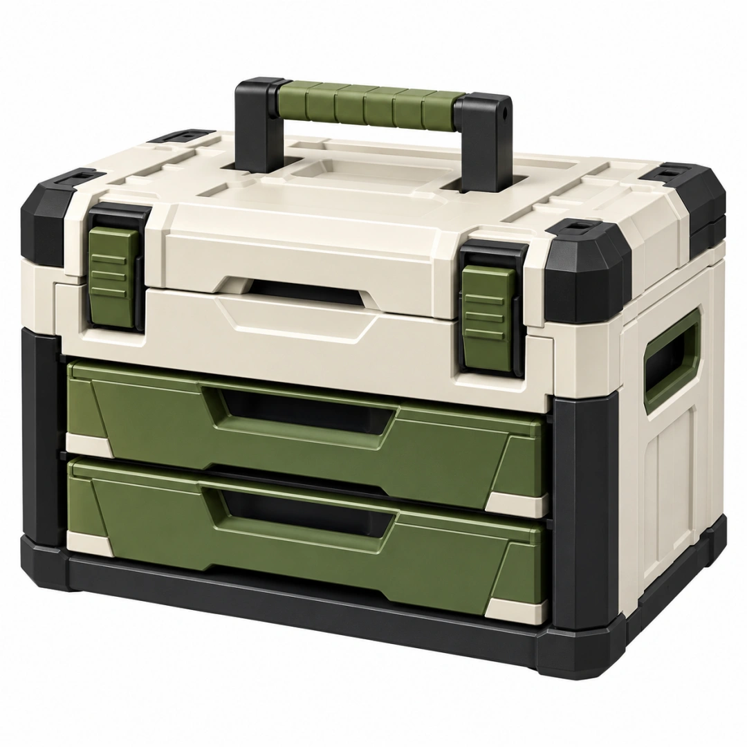 Caja de herramientas con 2 cajones 48 x 30 x 39 cm de plástico beige verde y negro con asa portátil