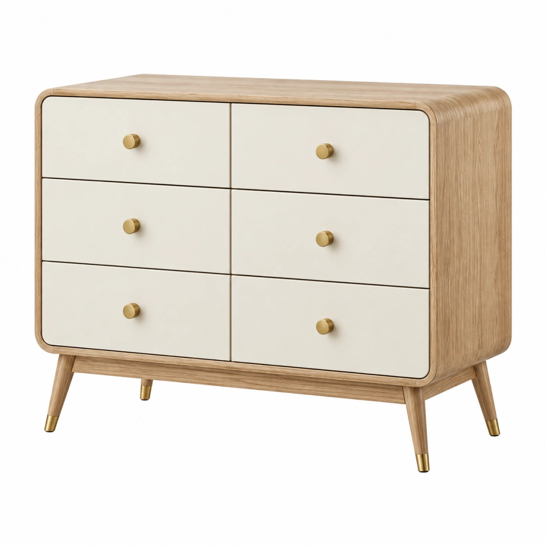 Cómoda 120 x 45 x 85 cm de madera natural y blanco con 6 cajones estilo moderno