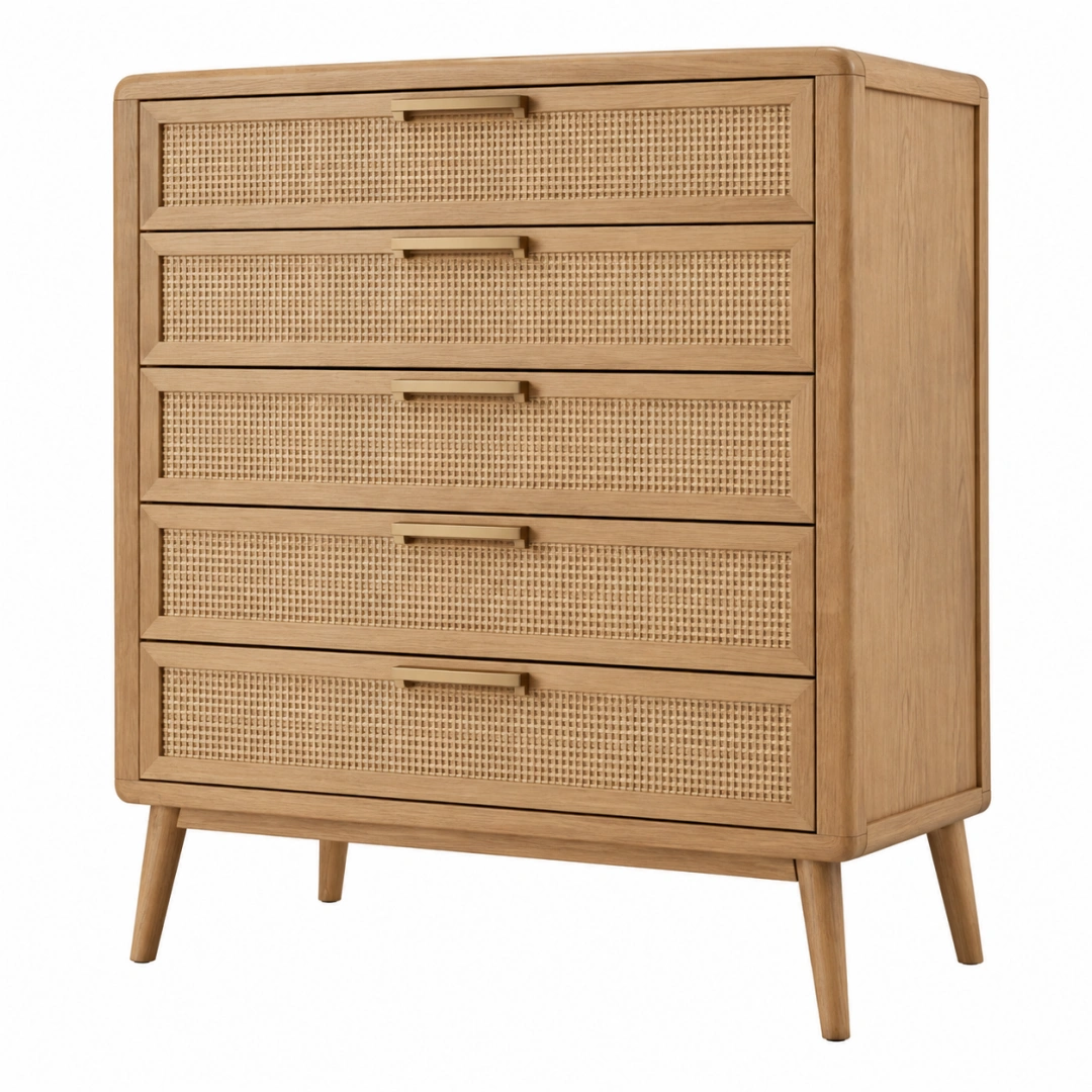 Cómoda 80 x 40 x 110 cm de madera y ratán natural - cinco cajones estilo nórdico