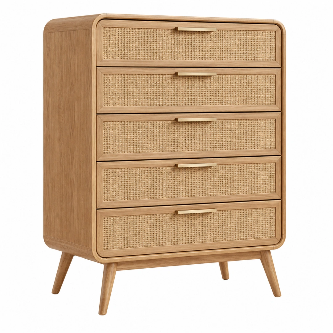 Cómoda 80 x 40 x 120 cm de madera natural y ratán con 5 cajones estilo nórdico