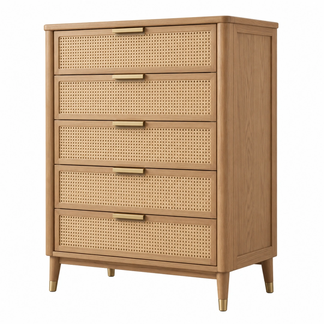 Cómoda 80 x 40 x 120 cm de madera y ratán natural con 5 cajones estilo retro
