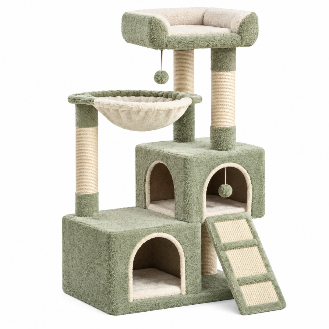 Árbol rascador para gatos 60 x 50 x 135 cm verde y crema con sisal y felpa