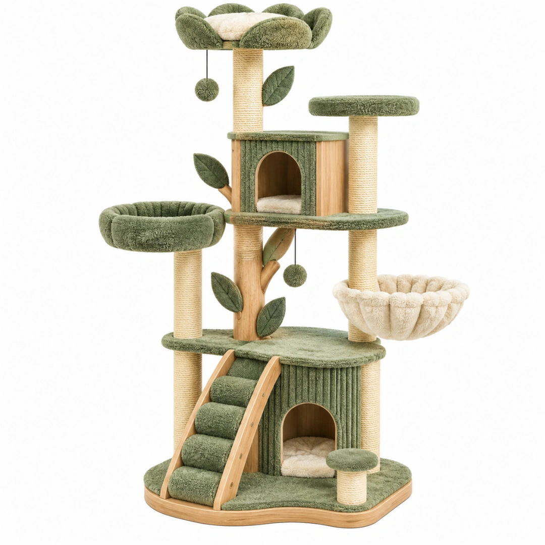Árbol para gatos 70 x 60 x 170 cm de madera y sisal verde con casetas rascadores y plataformas