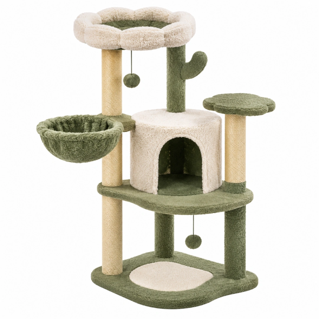 Árbol rascador para gatos 50 x 50 x 120 cm verde y crema con sisal y felpa - torre de juego