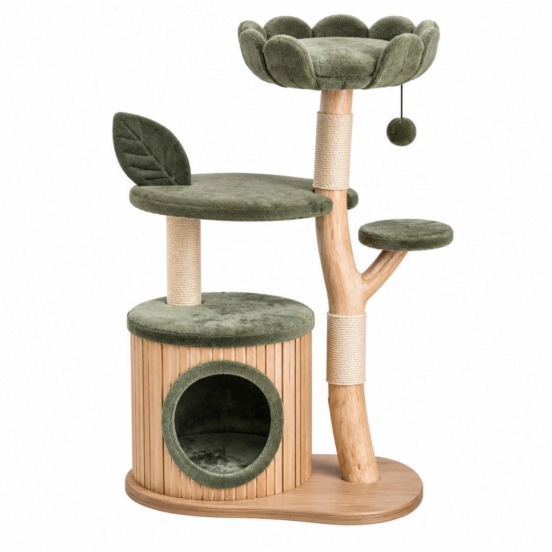 Árbol rascador para gatos 60 x 60 x 145 cm de madera y sisal verde con plataformas y cueva