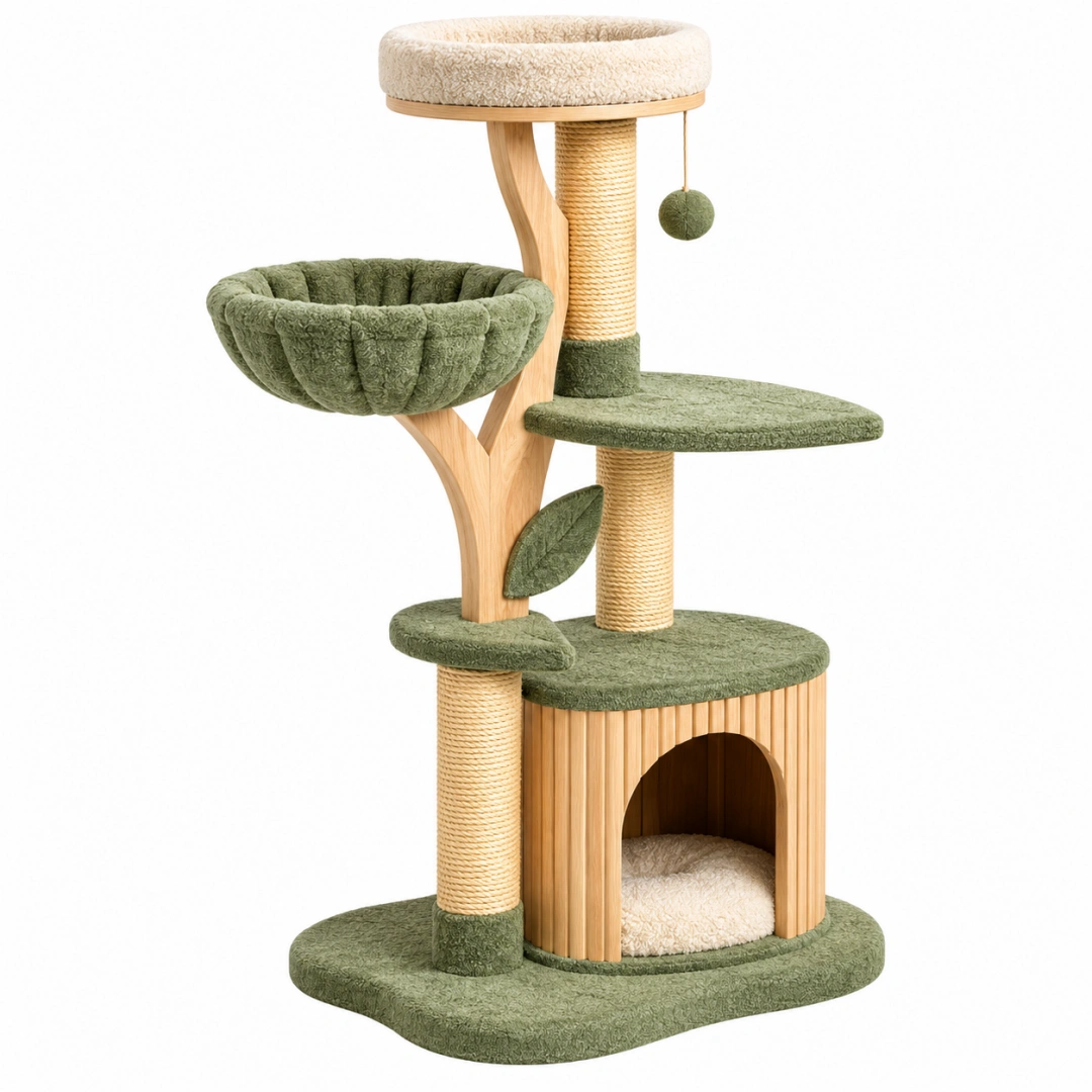 Árbol rascador para gatos 60 x 50 x 150 cm de madera verde con sisal y felpa