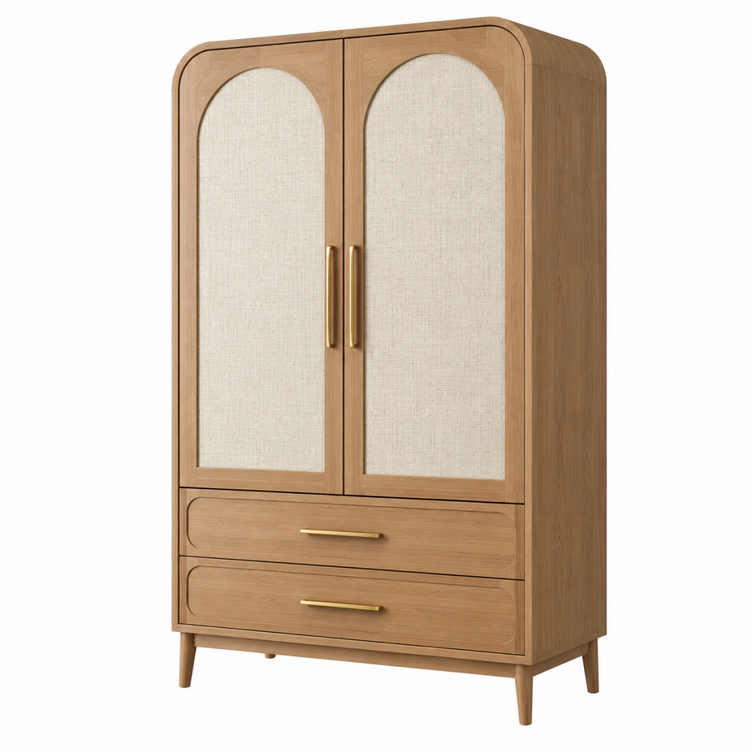 Armario 100 x 55 x 190 cm de madera marrón y tejido beige con 2 puertas 2 cajones estilo retro