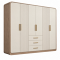 Armario 240 x 60 x 220 cm de madera beige y nogal con 6 puertas y 3 cajones estilo contemporáneo