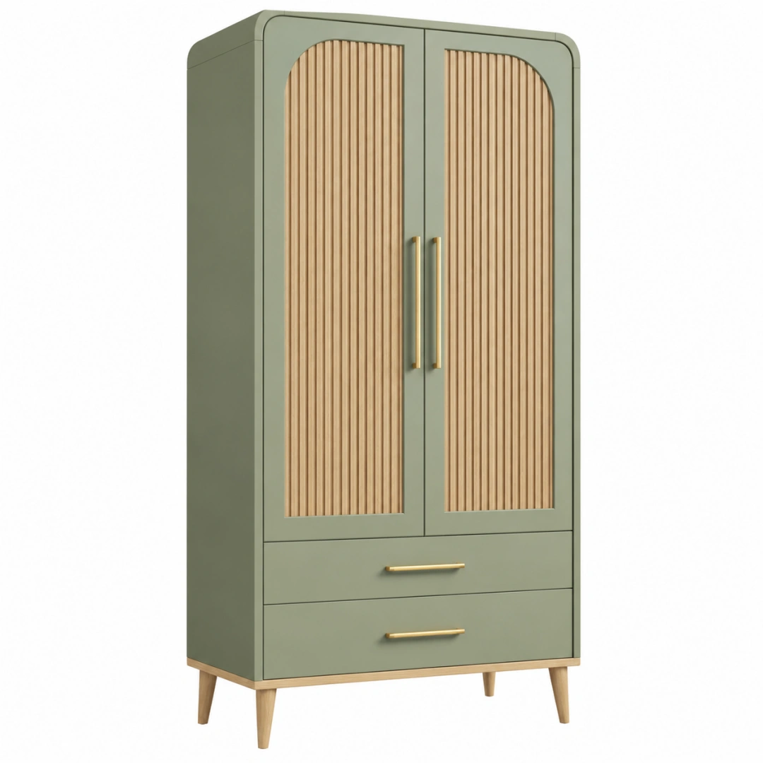 Armario 90 x 50 x 180 cm de madera verde y natural con 2 puertas y 2 cajones