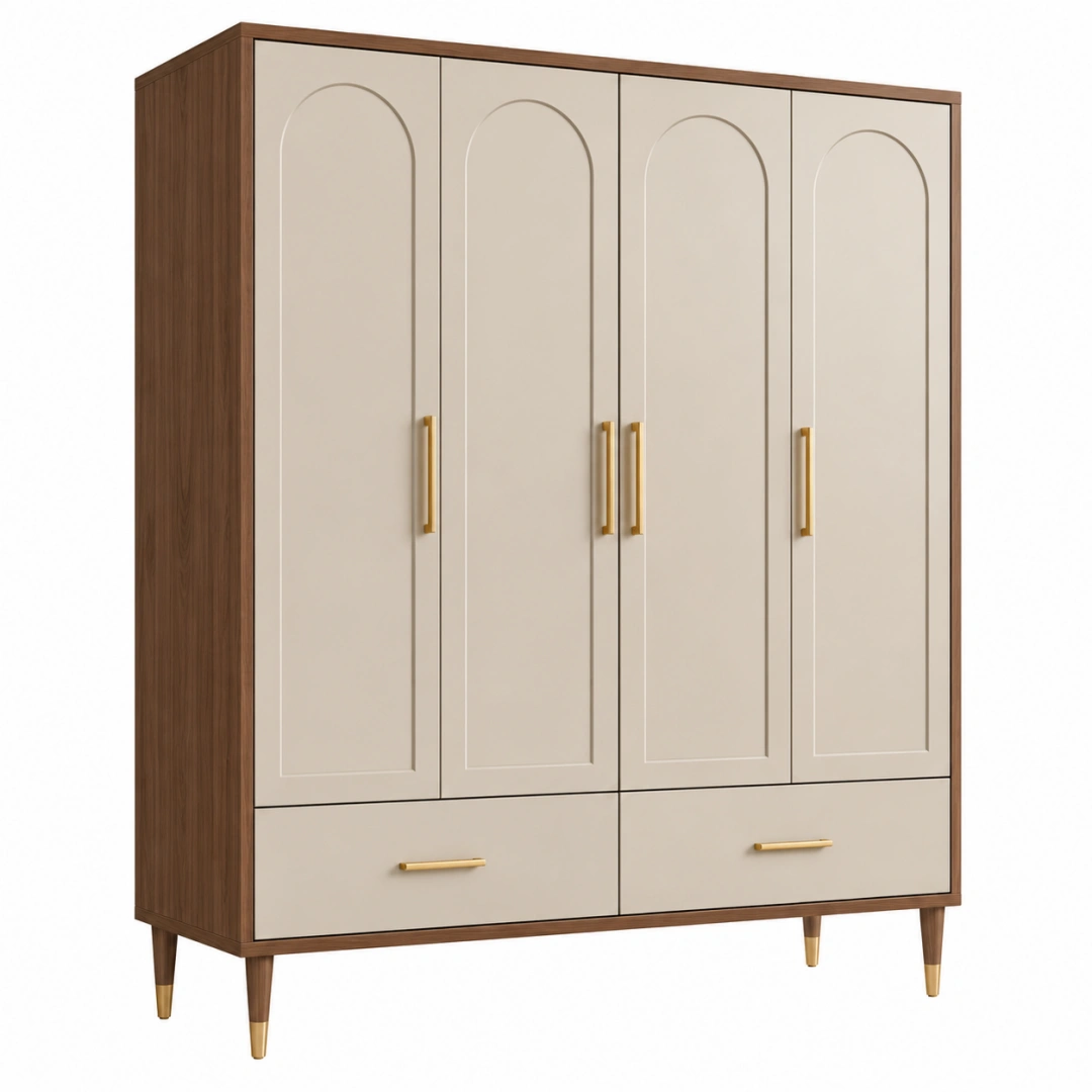 Armario de 4 puertas y 2 cajones 160 x 55 x 200 cm en madera beige y nogal - Almacenamiento para dormitorio