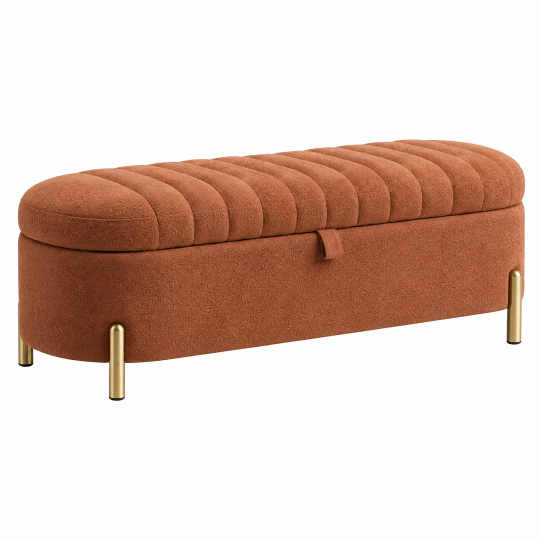 Banco baúl 120 x 45 x 48 cm de tela marrón con patas metálicas doradas