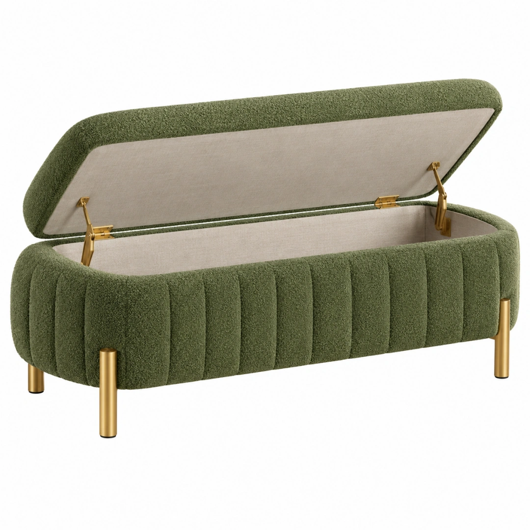 Banco de almacenaje 120 cm tapizado textil verde con patas metálicas estilo moderno