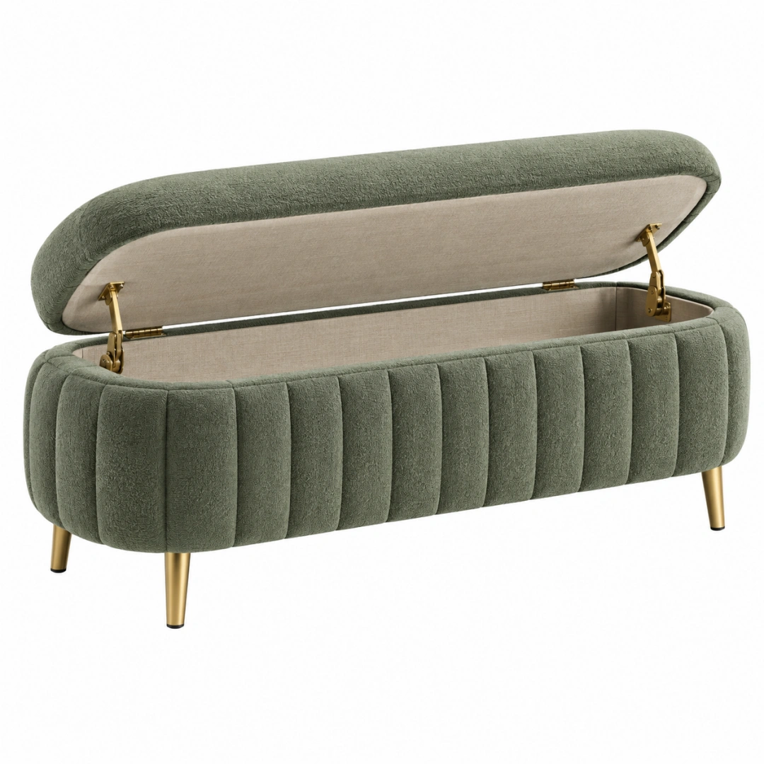Banco baúl 120 x 45 x 48 cm de tejido aterciopelado verde para almacenaje estilo vintage