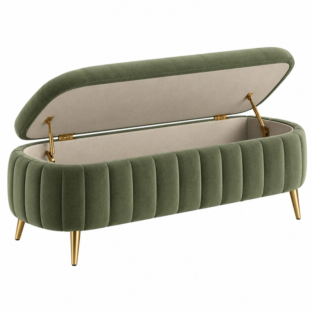 Banco baúl de 120 x 45 x 48 cm tapizado en terciopelo verde con almacenaje moderno