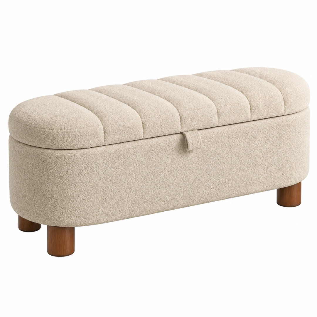 Banco de almacenaje 110 x 42 x 48 cm de tela bouclé beige con patas de madera