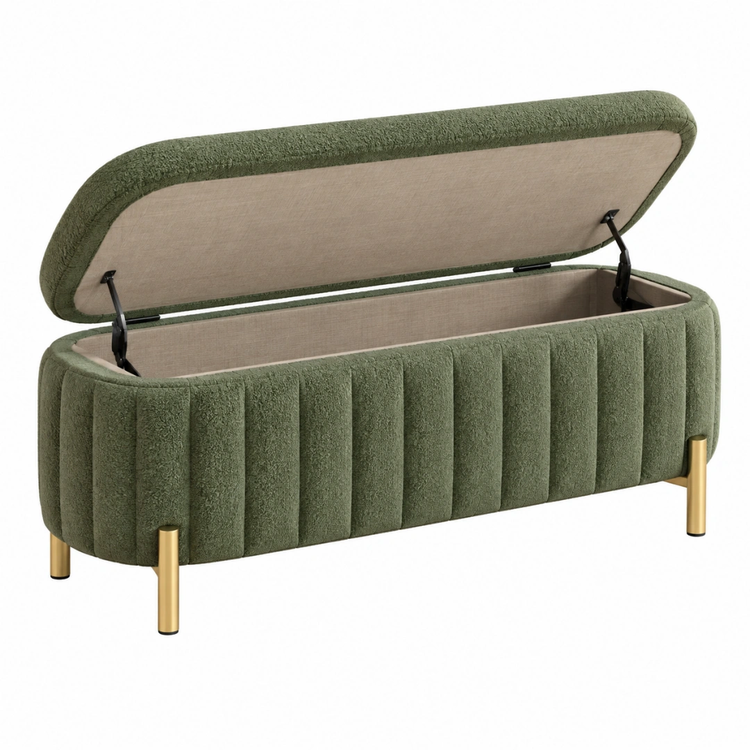 Banco baúl 120 x 45 x 48 cm de bouclé verde con patas metálicas doradas - almacenaje tapizado