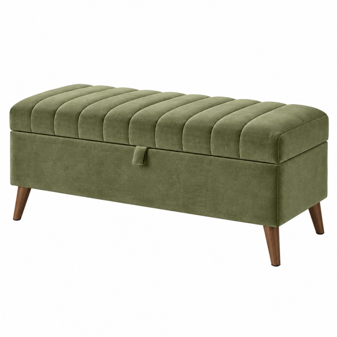 Banqueta con almacenaje 120 x 45 x 48 cm de terciopelo verde con patas de madera