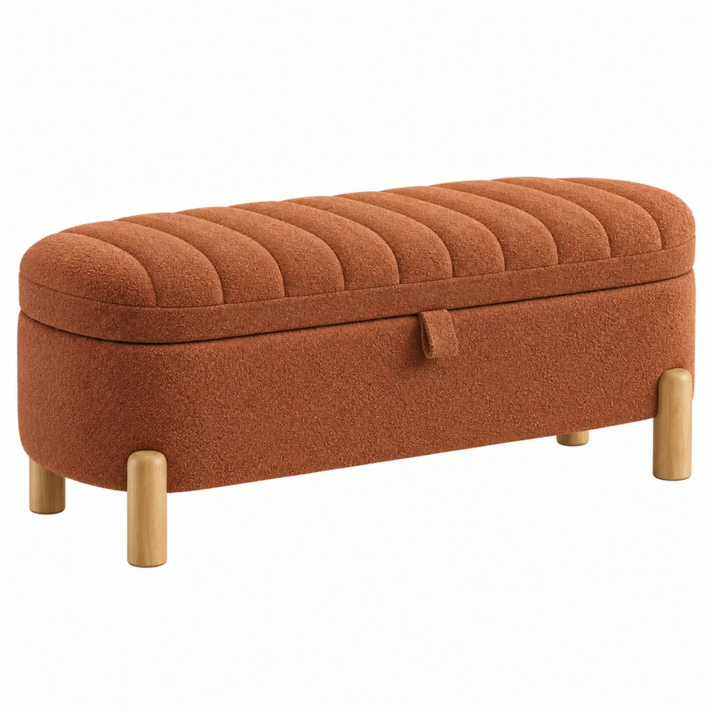 Banco con almacenaje 120 x 45 x 48 cm de tela bouclé terracota con patas de madera - asiento acolchado