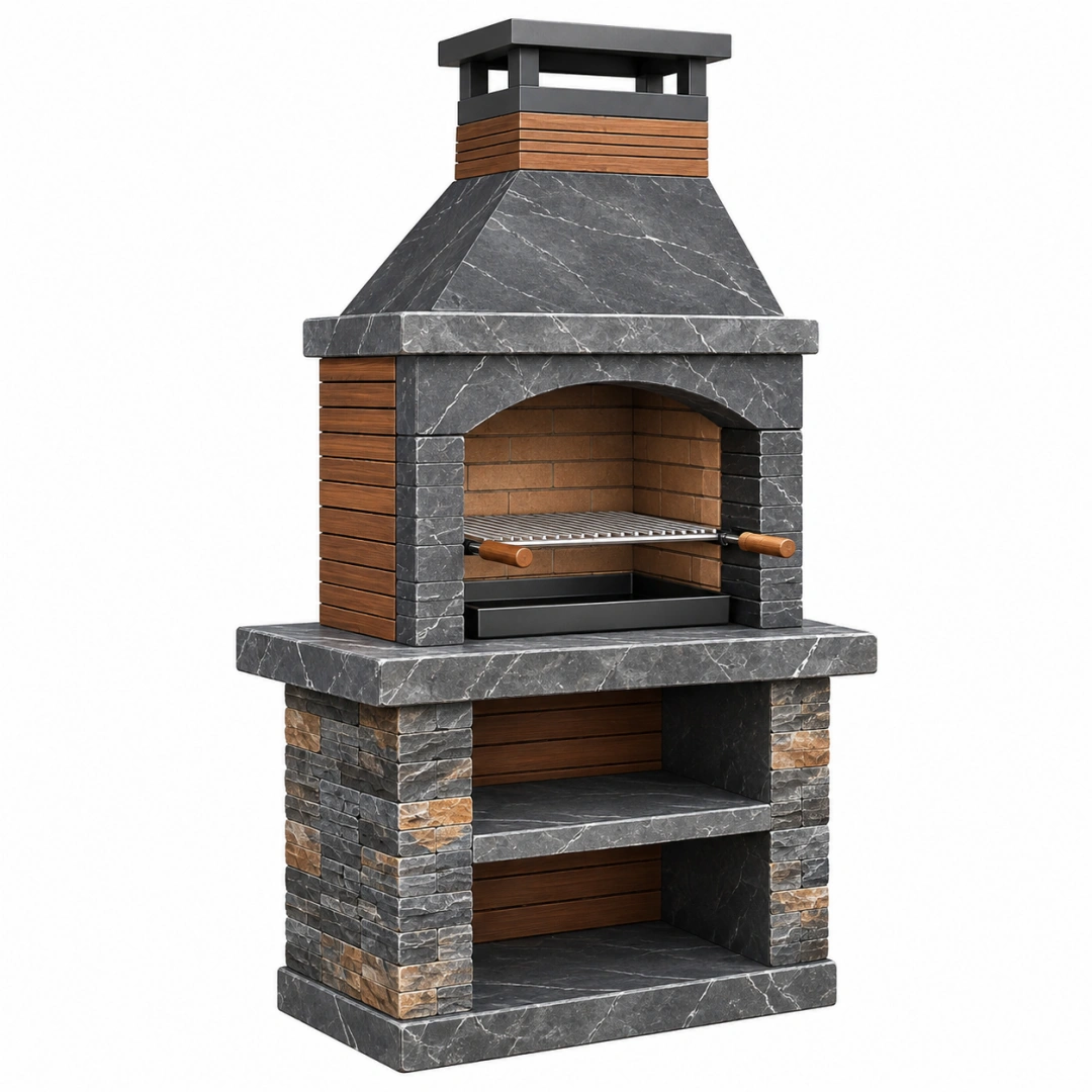 Barbacoa de jardín 110 x 70 x 220 cm de piedra y metal gris marrón con chimenea estilo rústico