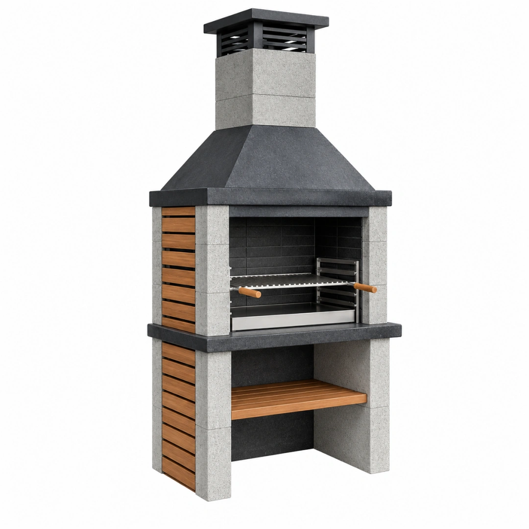 Barbacoa de obra 100 x 70 x 230 cm de hormigón gris y acero con parrilla ajustable para exterior