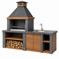 Cocina exterior con barbacoa 260 x 70 x 250 cm de piedra metal y madera gris antracita marrón - con fregadero y almacenamiento