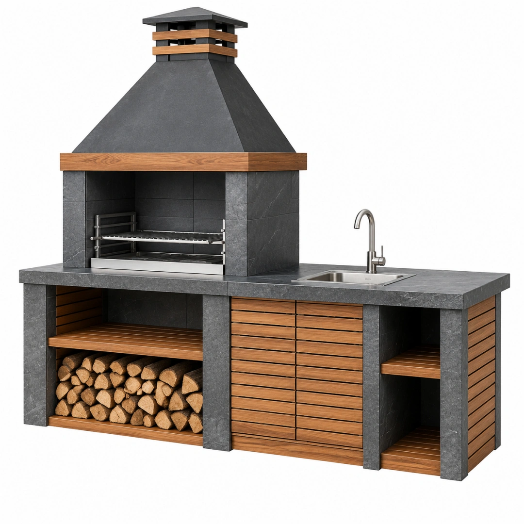 Cocina exterior con barbacoa 260 x 70 x 250 cm de piedra metal y madera gris antracita marrón - con fregadero y almacenamiento