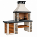 Barbacoa de obra 200 x 70 x 250 cm de piedra y ladrillo beige gris para exterior con chimenea y parrilla