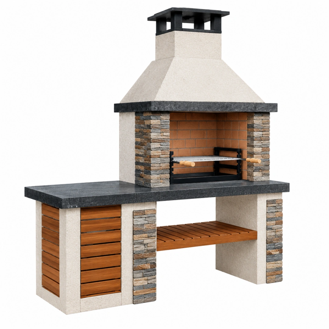 Barbacoa de obra 200 x 70 x 250 cm de piedra y ladrillo beige gris para exterior con chimenea y parrilla