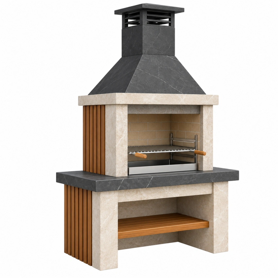 Barbacoa de obra 120 x 70 x 250 cm en piedra beige y negra con parrilla metálica