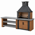 Barbacoa de exterior 220 x 70 x 250 cm de metal y acabado efecto piedra negro y marrón con chimenea y almacenamiento