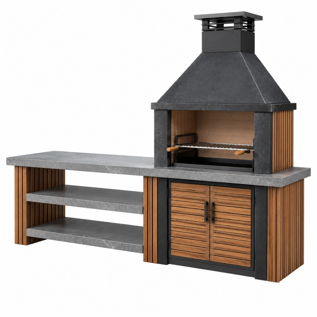 Barbacoa de exterior 220 x 70 x 250 cm de metal y acabado efecto piedra negro y marrón con chimenea y almacenamiento