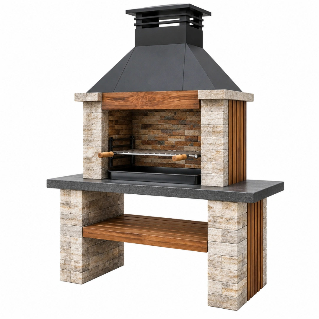 Barbacoa de obra 150 x 70 x 230 cm de piedra y acero negra para carbón y leña